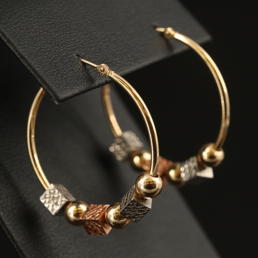 14K Tri-Tone Geometric Beaded Hoop Earrings