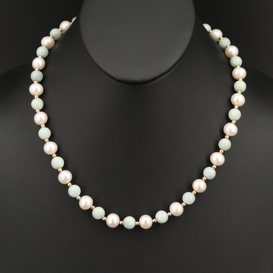 Jadeite and Pearl Necklace with 14K Clasp