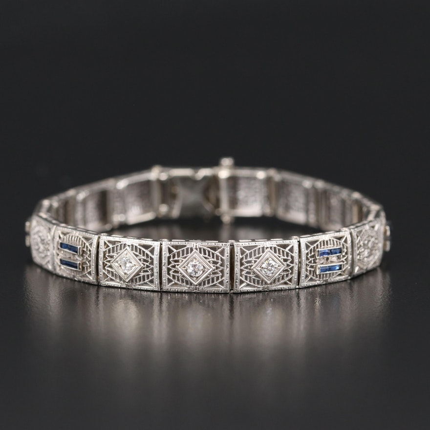 Art Deco 10K Diamond and Sapphire Filigree Bracelet