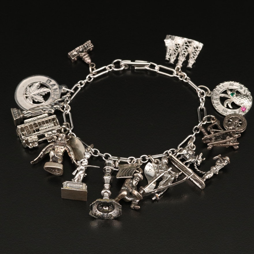 Sterling Charm Bracelet Featuring Statue of Liberty and Capital Building