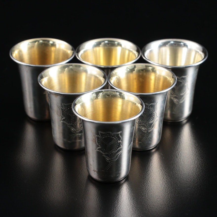 Mexican Sterling Silver Shot Cups with Chased Rose Motif