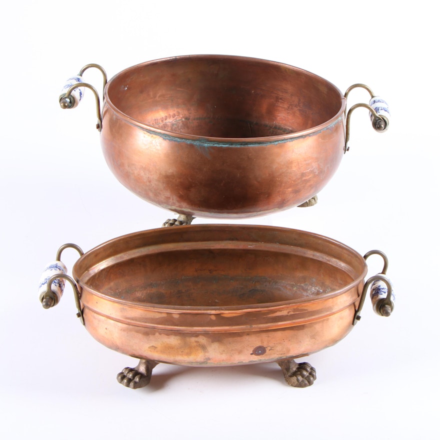 Copper Round and Oval Jardinieres with Ceramic Handles, Mid to Late 20th Century