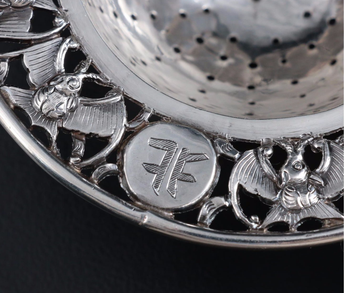 Chinese Sterling Silver Over Cup Tea Strainer with Carved Serpentine Handle