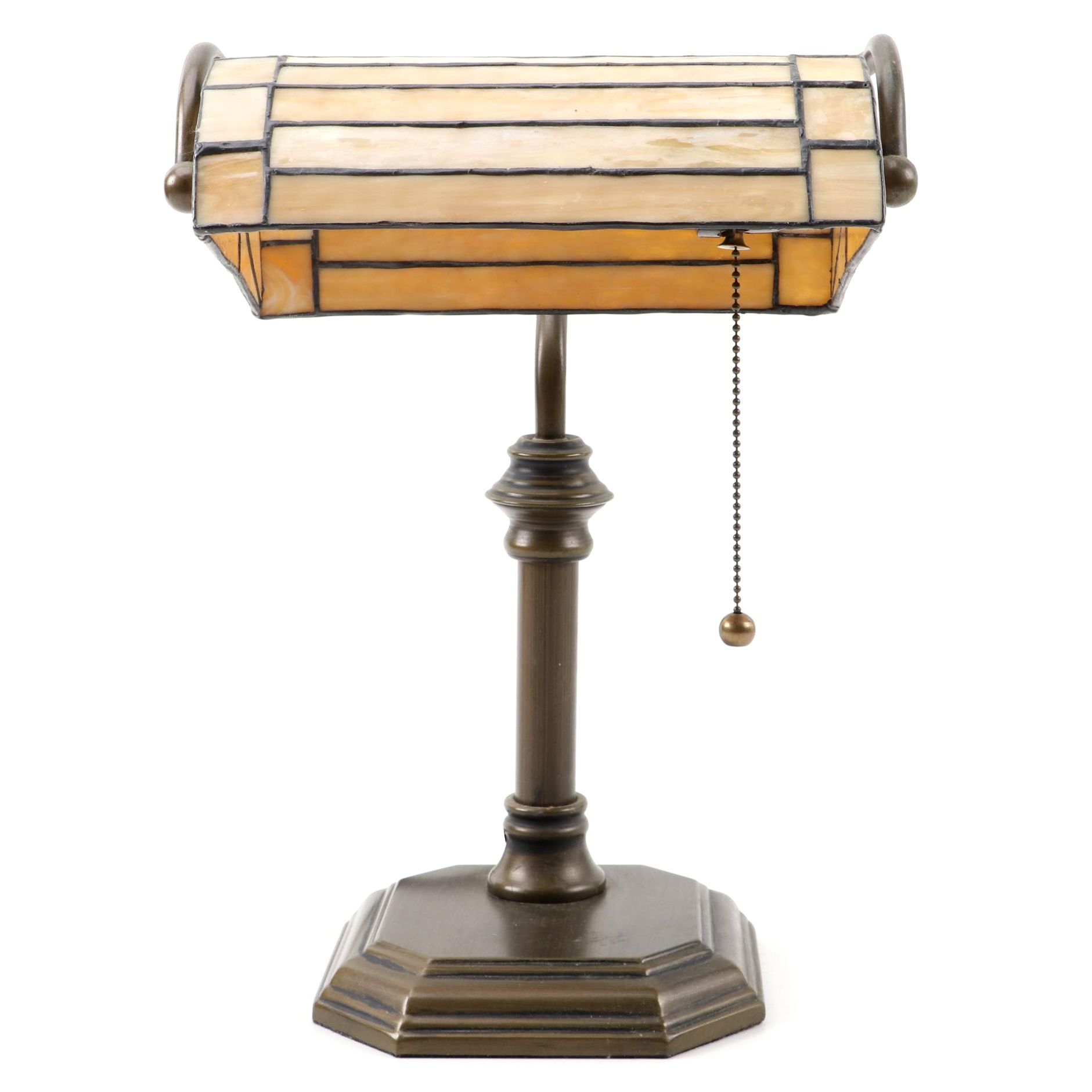 Tiffany Style Slag Glass Desk Lamp on Patinated Metal Base, 21st Century