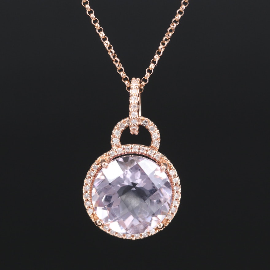 14K Rose Gold 7.23 CT Amethyst and Diamond Pendant Necklace