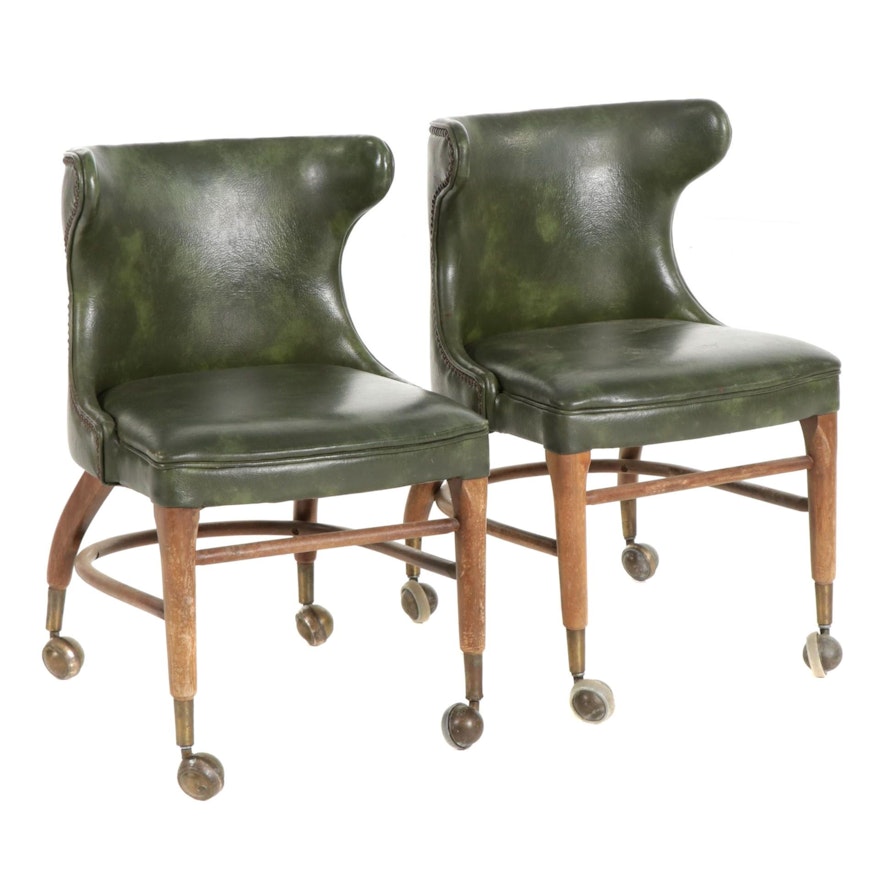 Pair of Shelby Williams Green Faux Leather Rolling Side Chairs