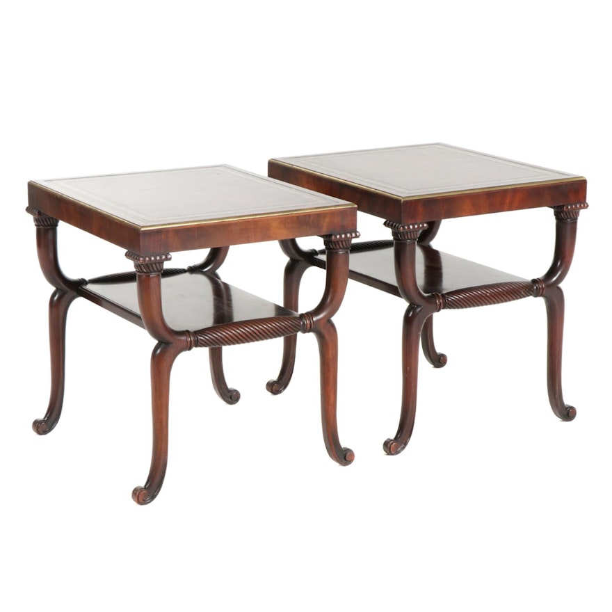 Pair of Neoclassical Style Leather Top Mahogany Side Tables, Late 20th Century