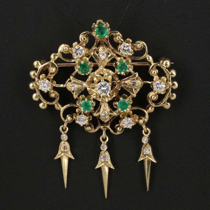 Vintage Style 18K 1.02 CTW Diamond and Emerald Converter Brooch