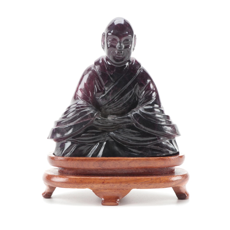 Chinese Style Carved Fluorite Meditating Buddhist Monk