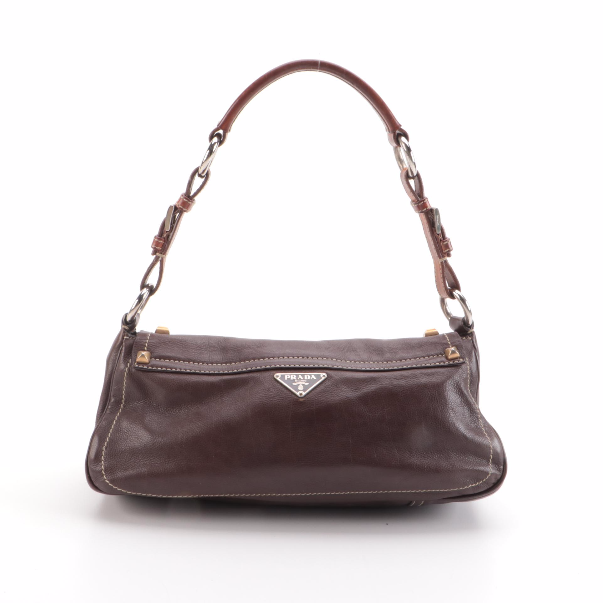 Prada Studded D-Ring Shoulder Bag in Brown Leather