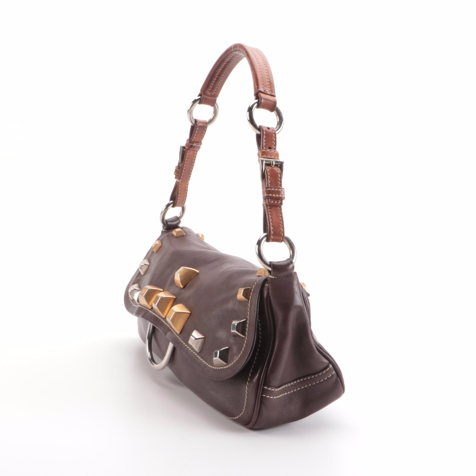 Prada Studded D-Ring Shoulder Bag in Brown Leather