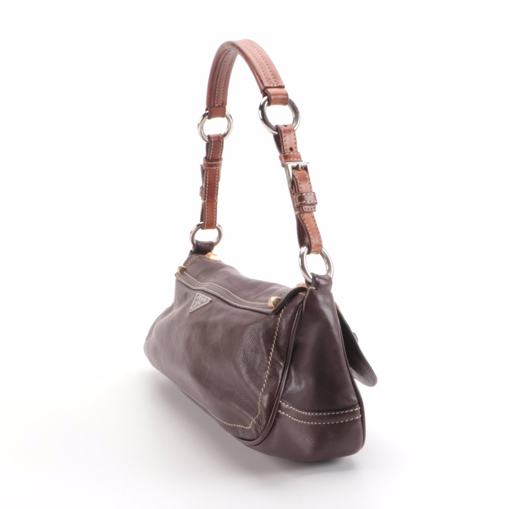 Prada Studded D-Ring Shoulder Bag in Brown Leather