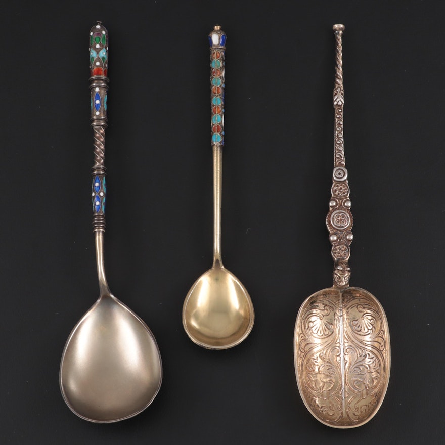 English Gilt Sterling Silver Spoon with Norwegian and Russian Enameled Spoons