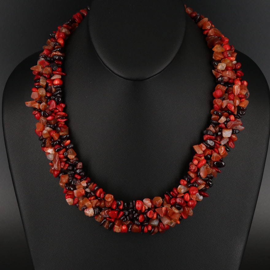 Agate, Coral and Garnet Beaded Necklace