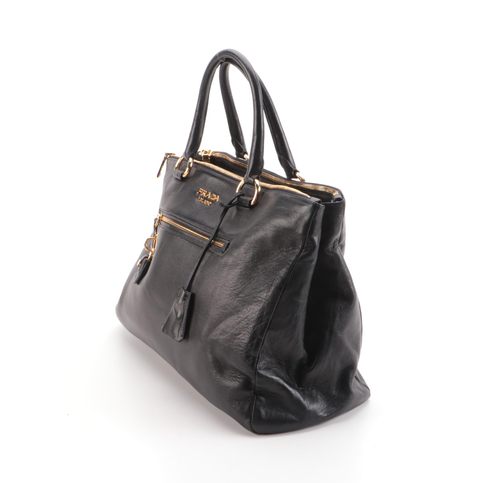 Prada Two-Way Top Handle Bag in Smooth Black Lambskin Leather