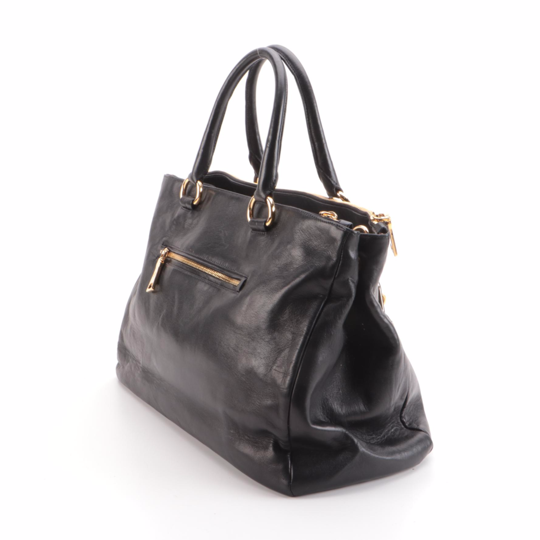 Prada Two-Way Top Handle Bag in Smooth Black Lambskin Leather