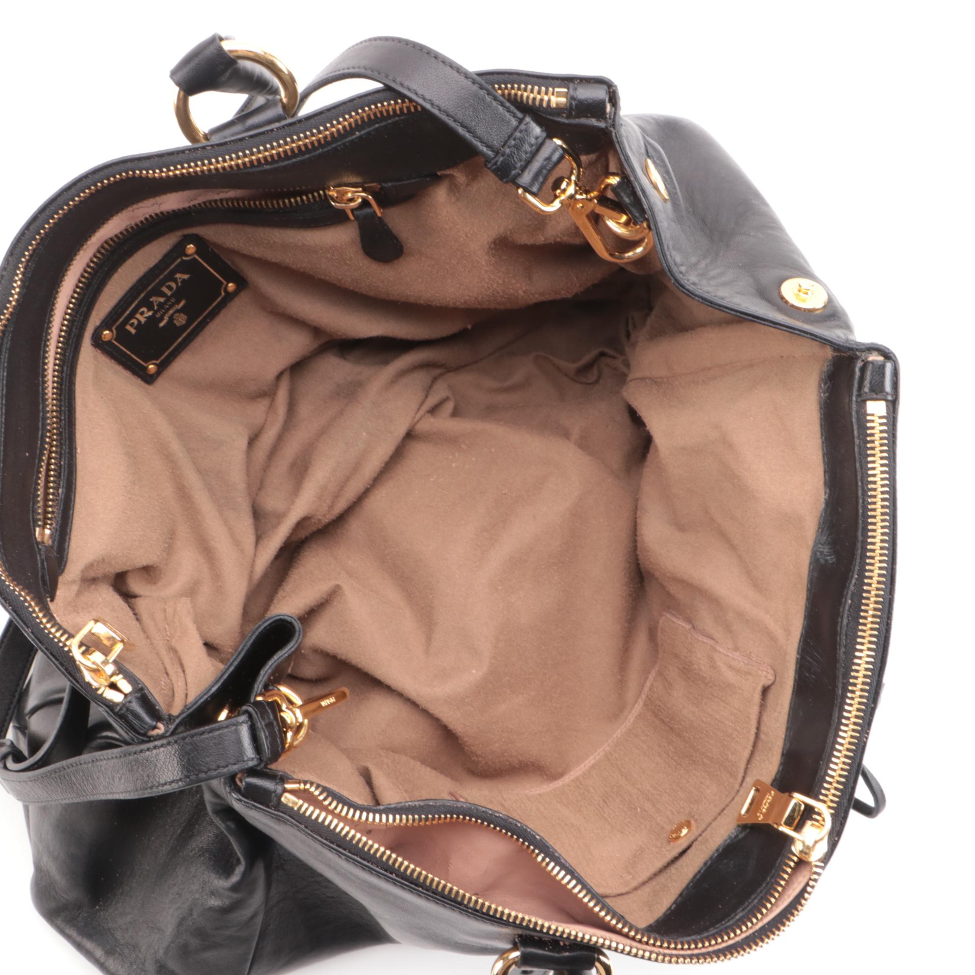 Prada Two-Way Top Handle Bag in Smooth Black Lambskin Leather