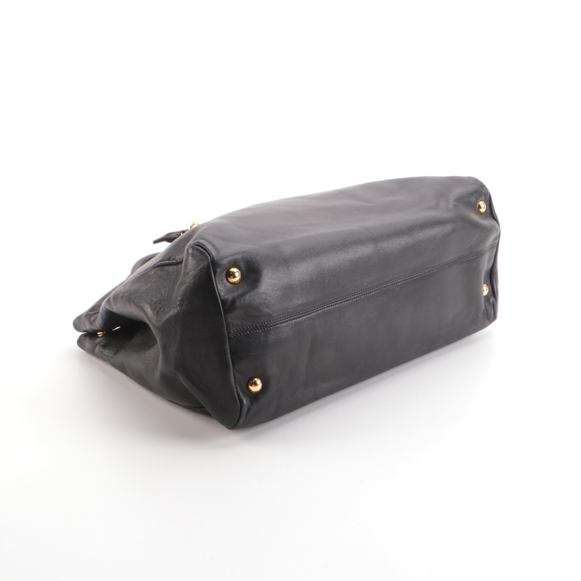 Prada Two-Way Top Handle Bag in Smooth Black Lambskin Leather