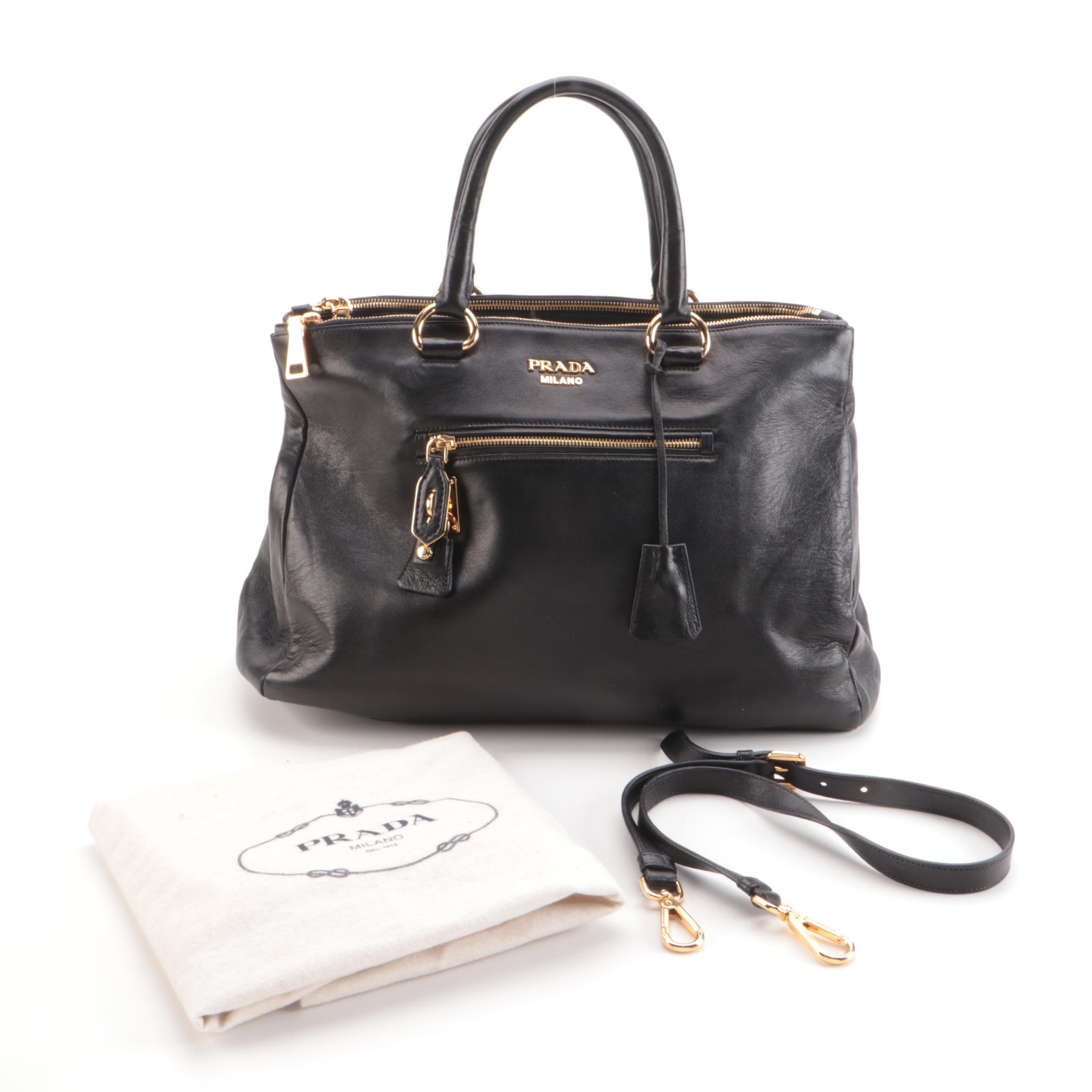 Prada Two-Way Top Handle Bag in Smooth Black Lambskin Leather