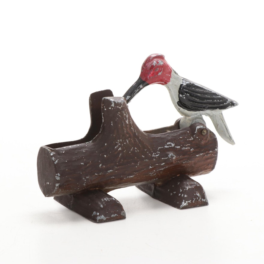 Painted Cast Metal Woodpecker Toothpick Dispenser, Mid-20th Century