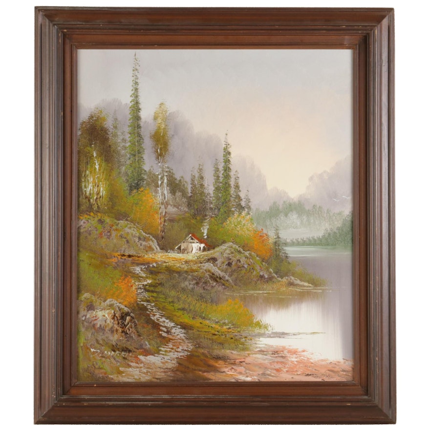 Landscape Oil Painting of Lakeside Forest Cottage, Late 20th Century