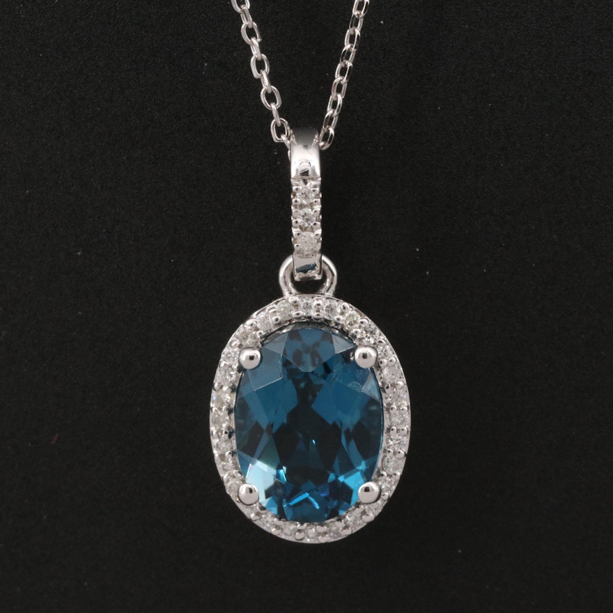 14K London Blue Topaz and Diamond Halo Pendant Necklace