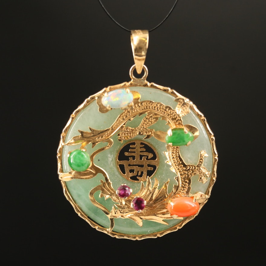 14K Jadeite, Opal and Gemstone Dragon Good Luck Pendant Necklace