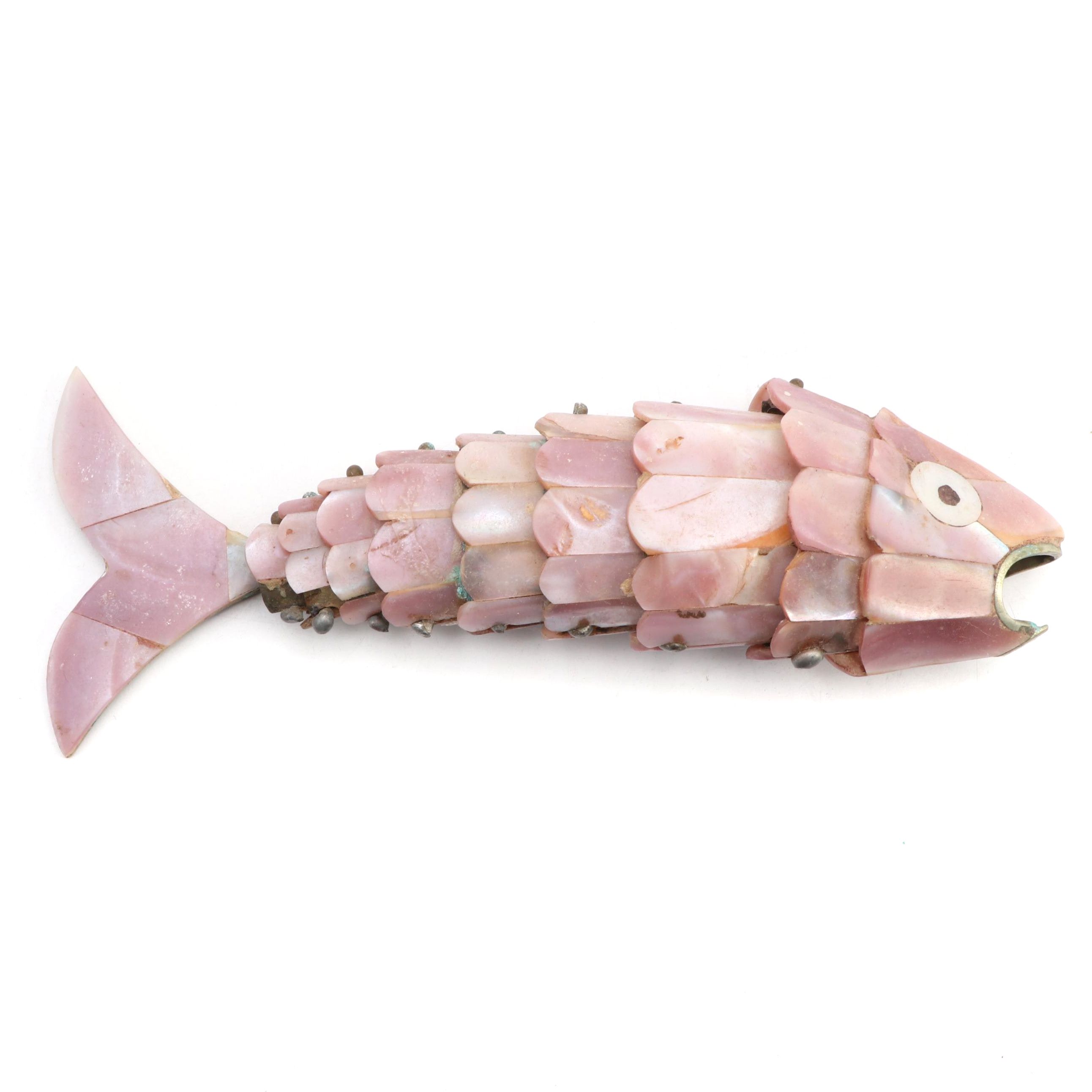 Mexican Pink Abalone Shell Articulated Fish Bottle Opener, Mid-20th Century