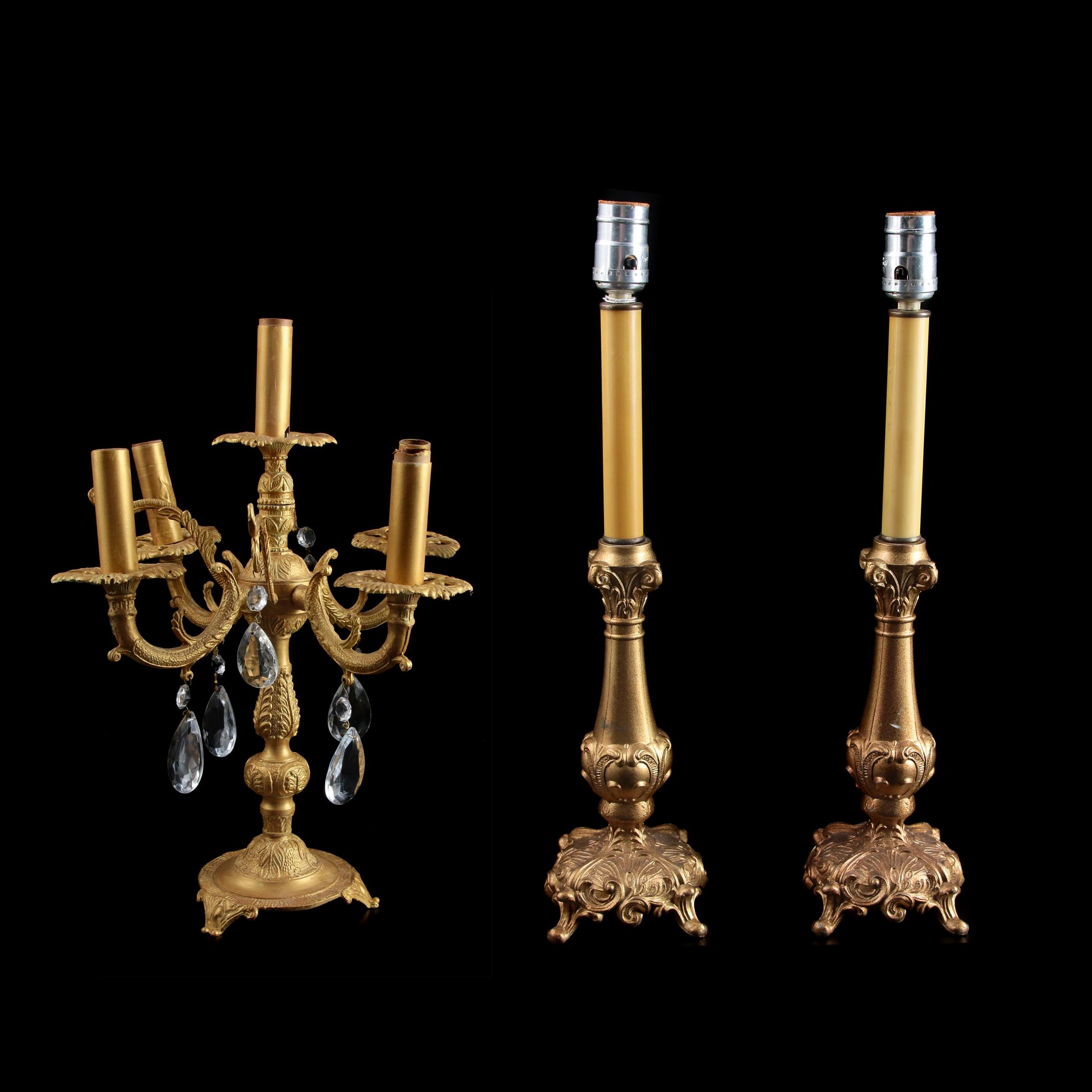 Baroque Style Metal and Crystal Candelabra Lamp with Glass Candlestick