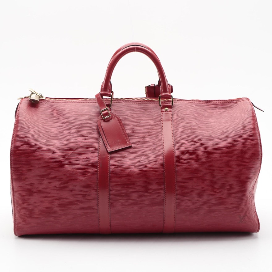 Louis Vuitton Keepall 50 Duffel Bag in Castilian Red Epi and Smooth Leather