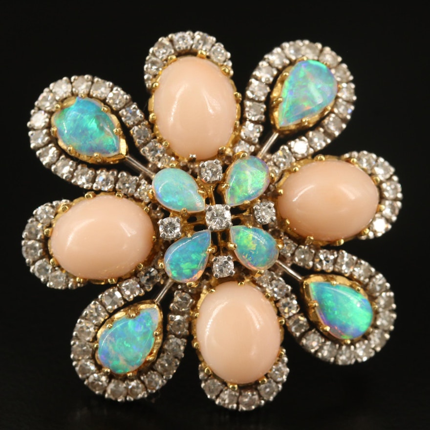 Casbah 14K Coral, Opal and 3.00 CTW Diamond Converter Brooch