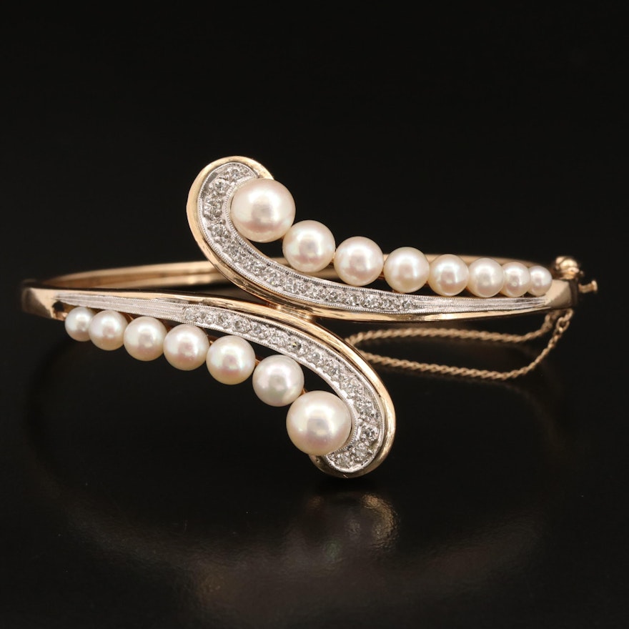 14K Pearl and Diamond Oval Hinged Bypass Bangle