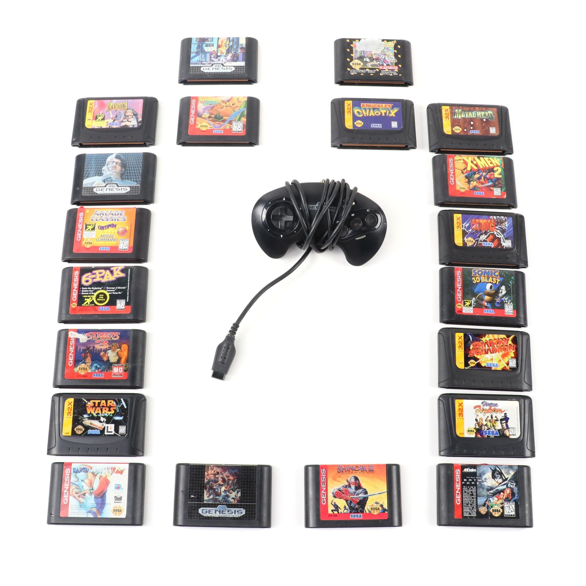 Sega Genesis and 32X Game Cartridges and Controller Collection