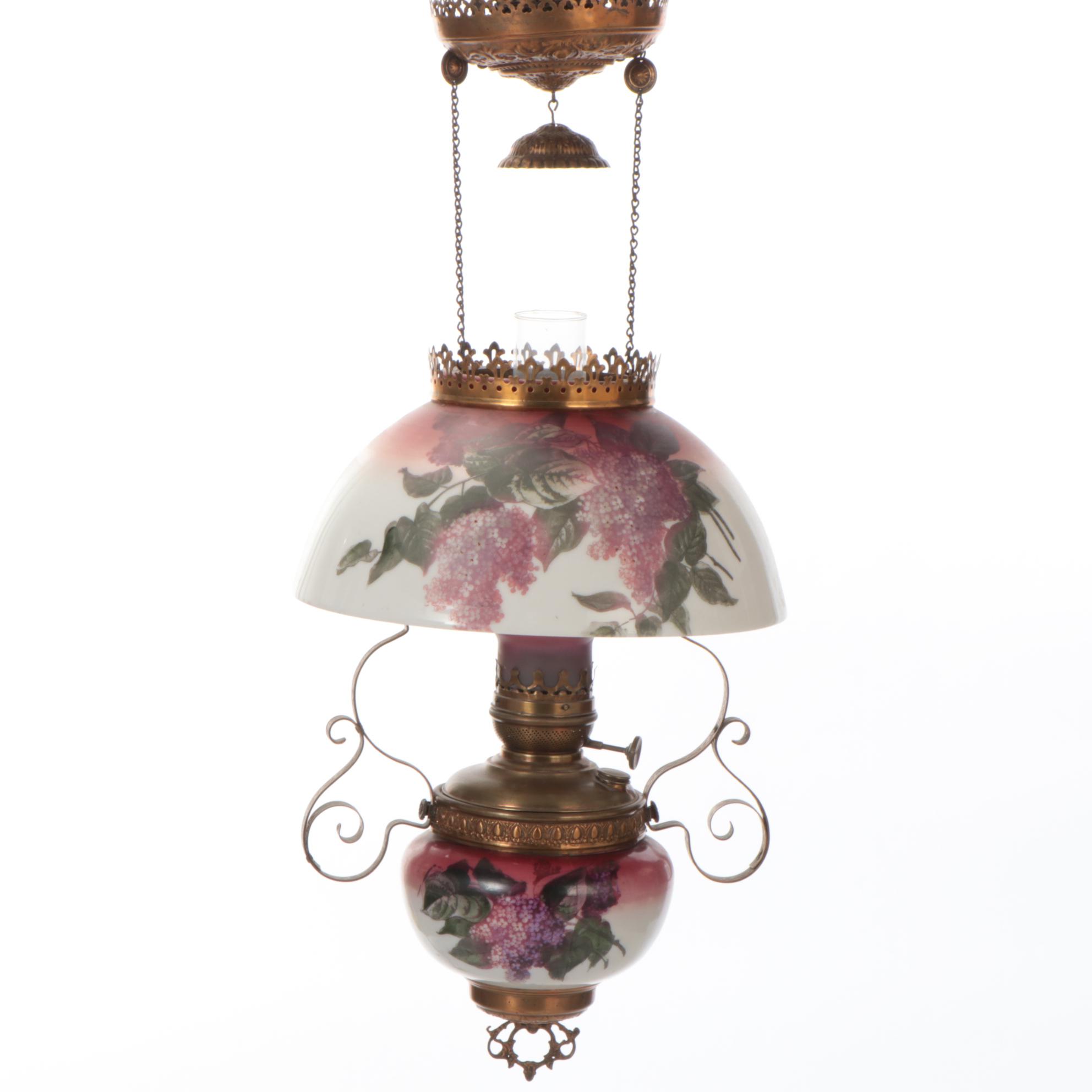 Art Nouveau Brass and Hand-Painted Glass Oil Lamp Ceiling Pendant