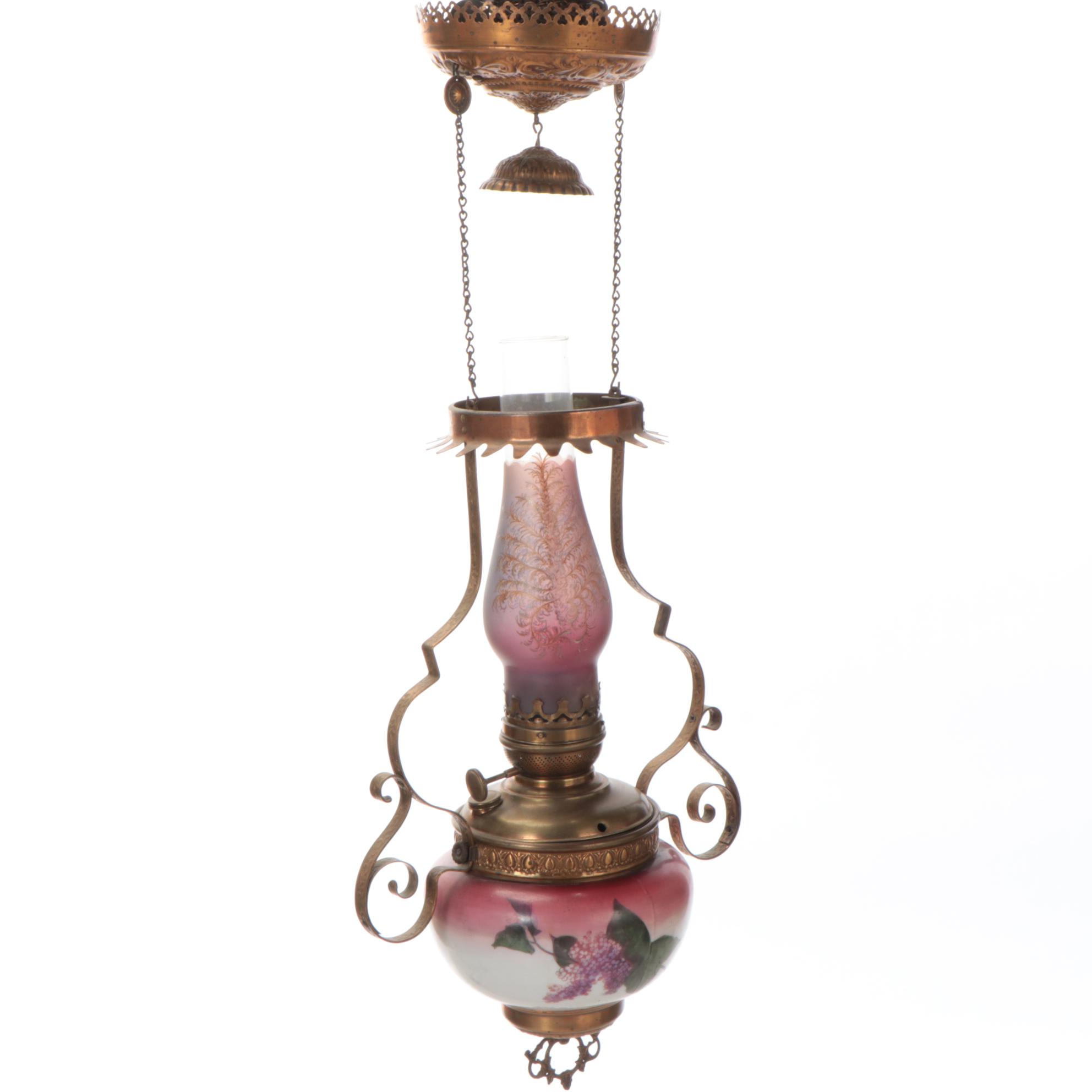 Art Nouveau Brass and Hand-Painted Glass Oil Lamp Ceiling Pendant
