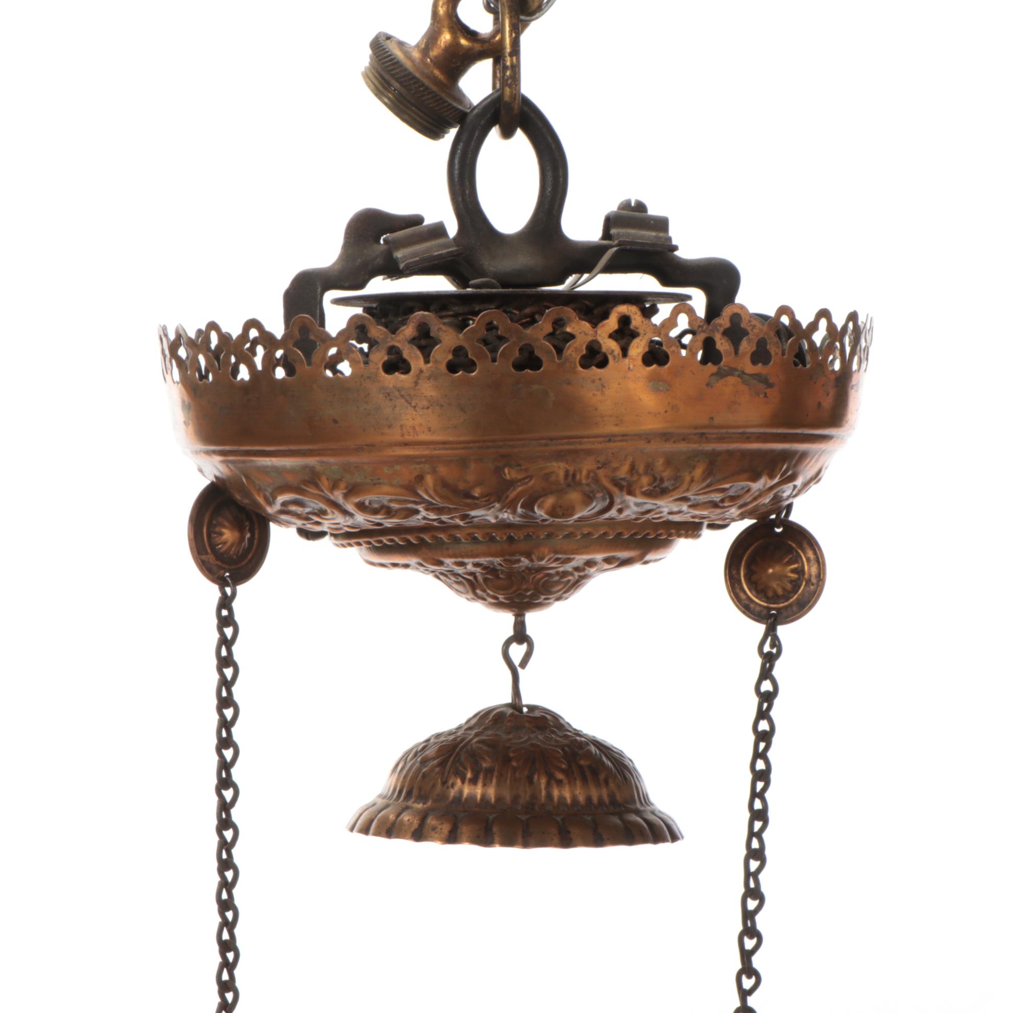 Art Nouveau Brass and Hand-Painted Glass Oil Lamp Ceiling Pendant