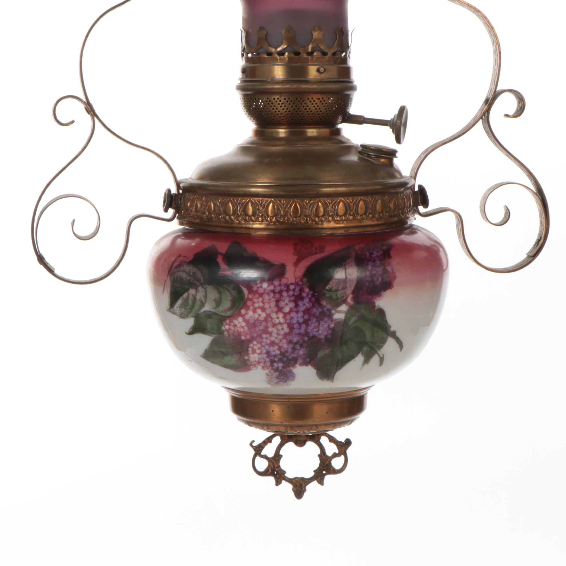 Art Nouveau Brass and Hand-Painted Glass Oil Lamp Ceiling Pendant