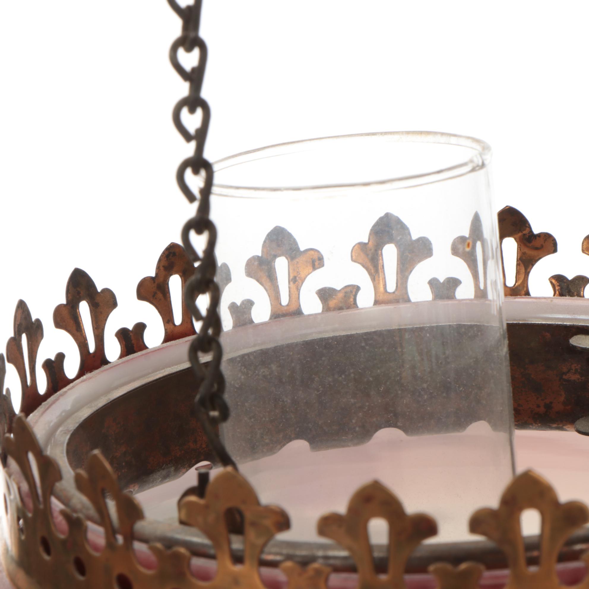 Art Nouveau Brass and Hand-Painted Glass Oil Lamp Ceiling Pendant