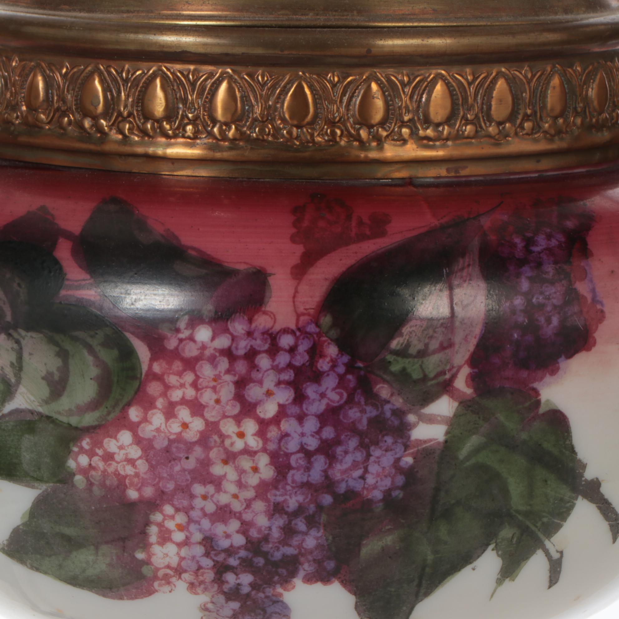 Art Nouveau Brass and Hand-Painted Glass Oil Lamp Ceiling Pendant