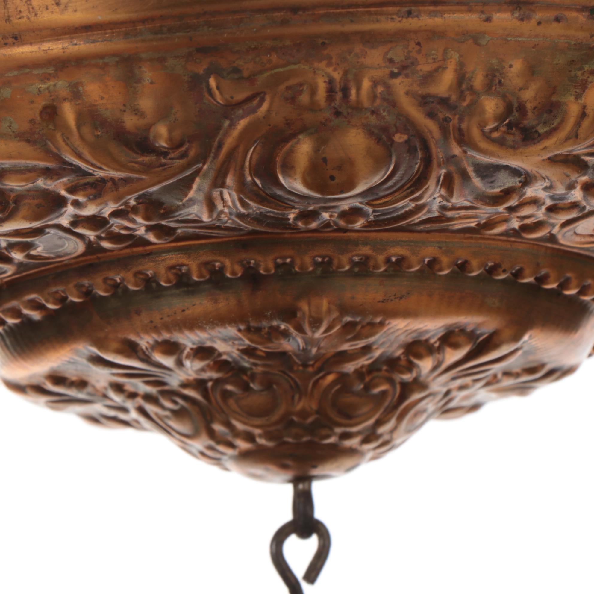 Art Nouveau Brass and Hand-Painted Glass Oil Lamp Ceiling Pendant