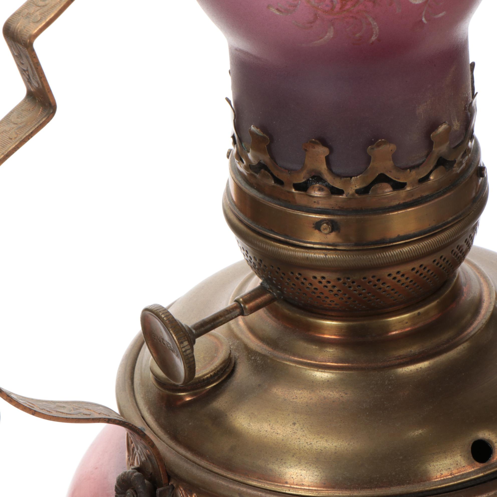 Art Nouveau Brass and Hand-Painted Glass Oil Lamp Ceiling Pendant