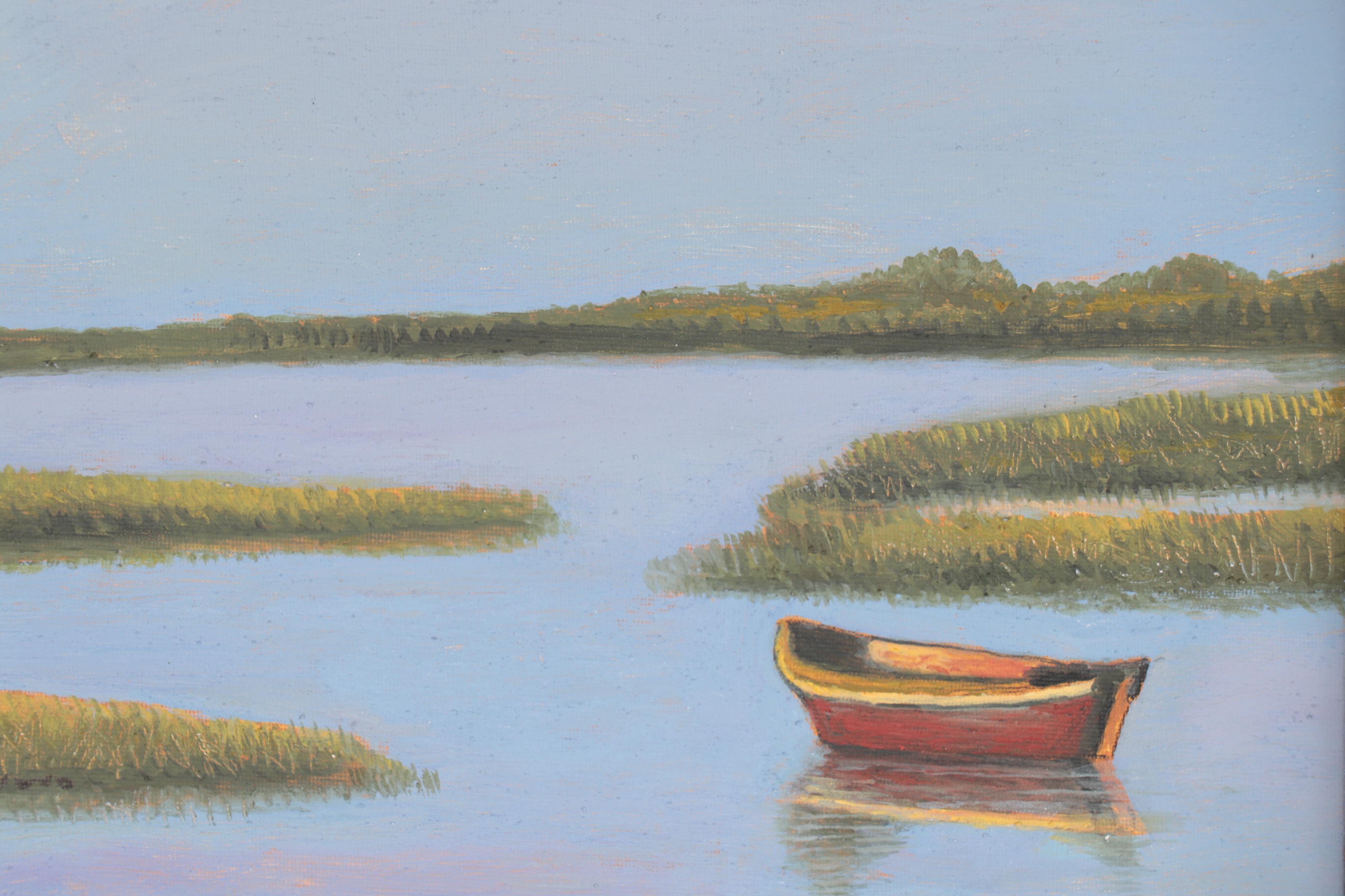 Sulmaz H. Radvand Landscape Oil Painting of Lake Scene with Boat