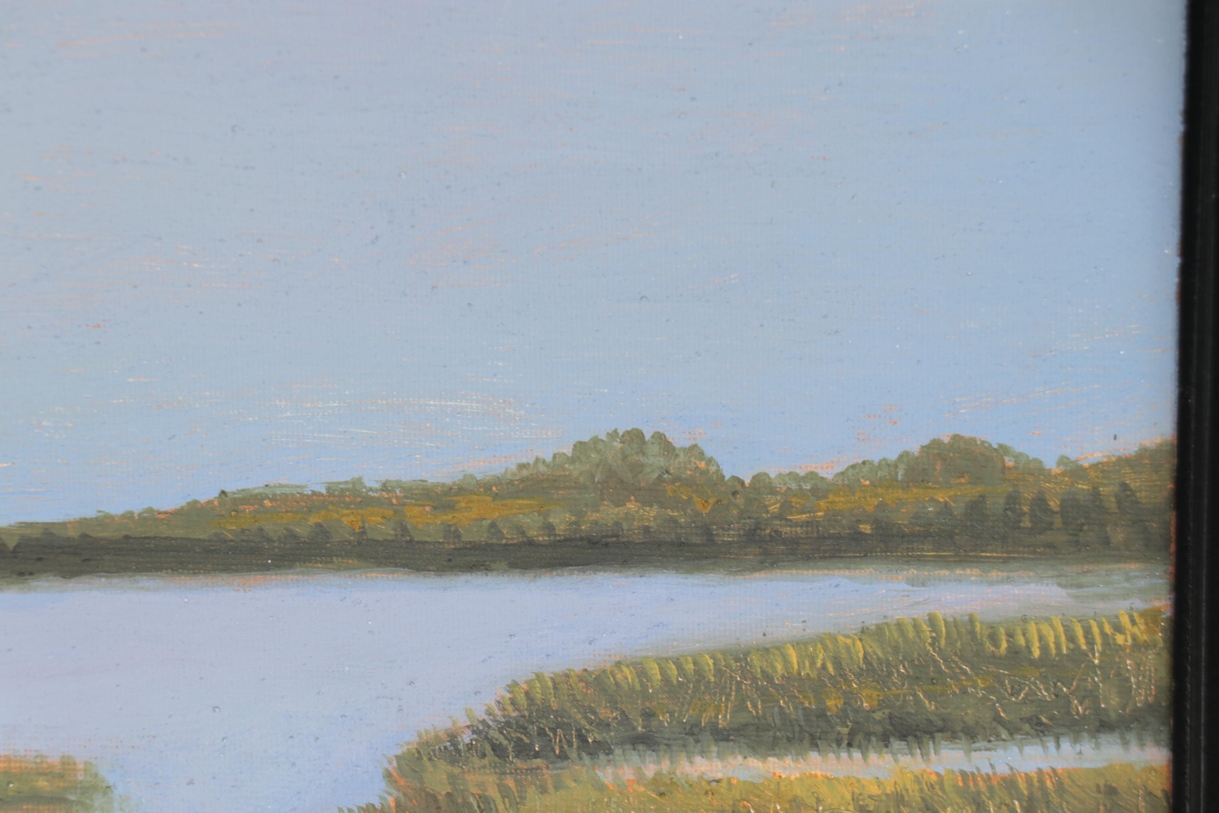 Sulmaz H. Radvand Landscape Oil Painting of Lake Scene with Boat