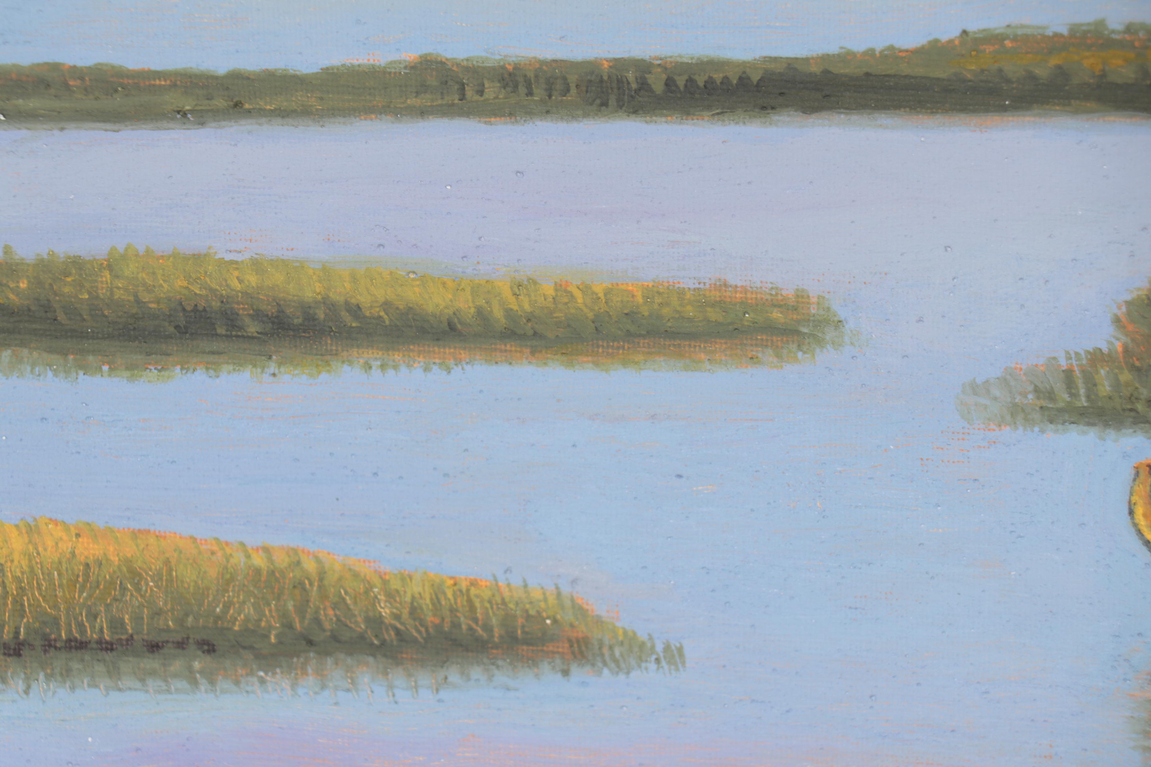 Sulmaz H. Radvand Landscape Oil Painting of Lake Scene with Boat