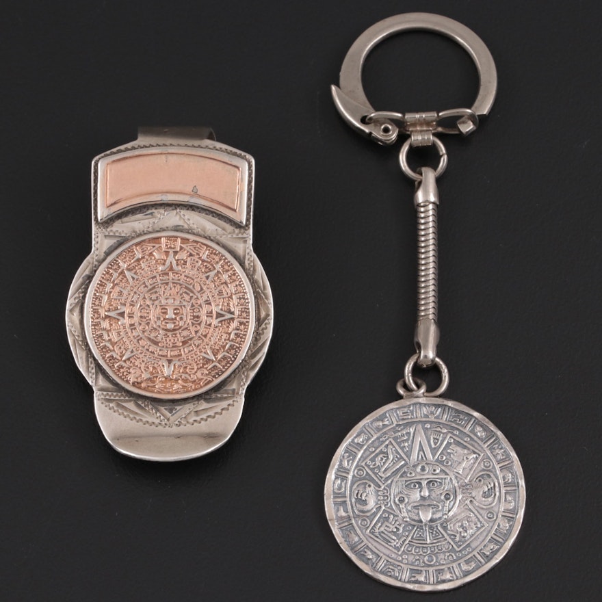 Mexican Sterling Silver Mayan Calendar Key Chain and Money Clip