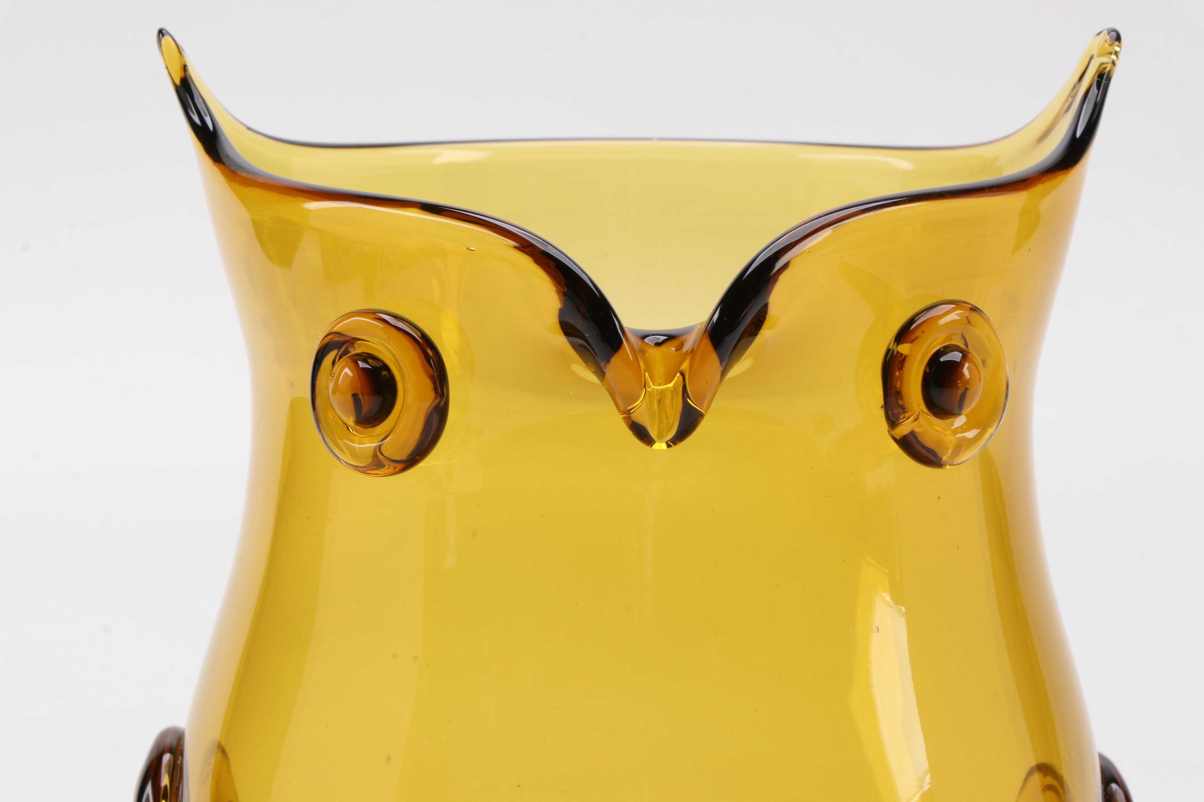 Blenko Style Amber Art Glass Owl Vase