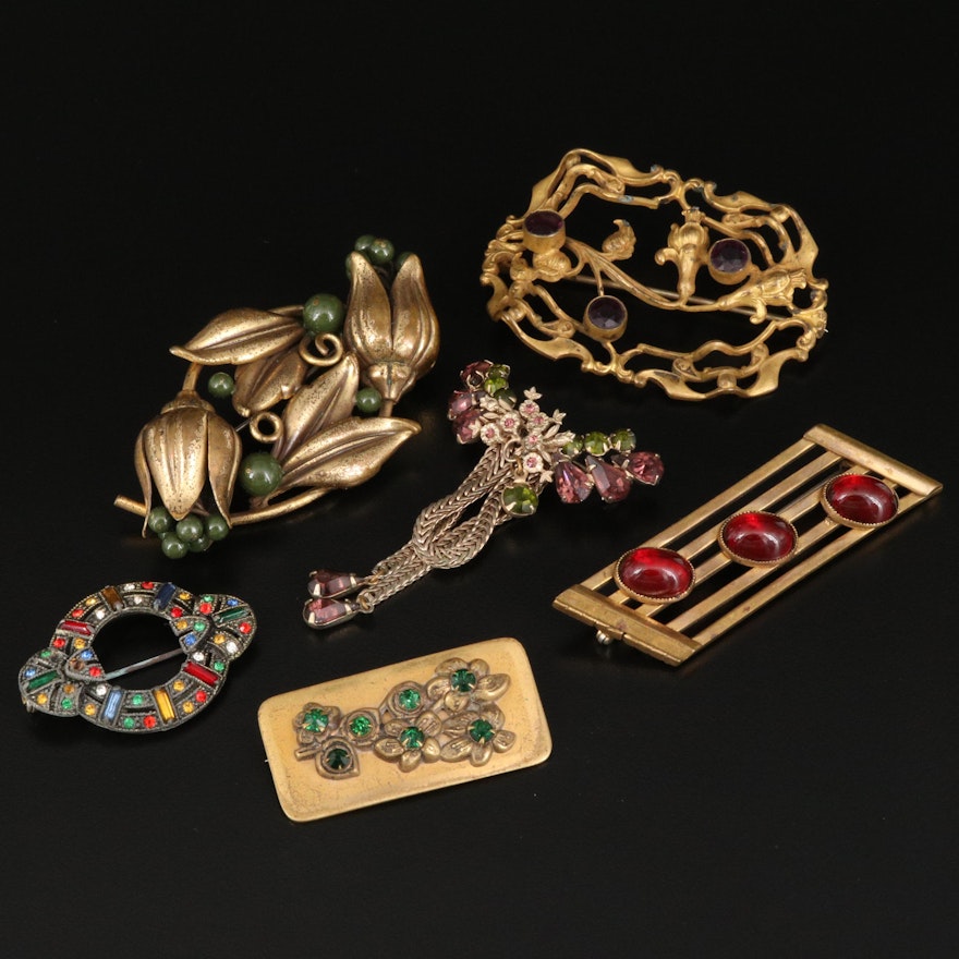 Vintage Brooches Featuring Multicolored Glass Accents