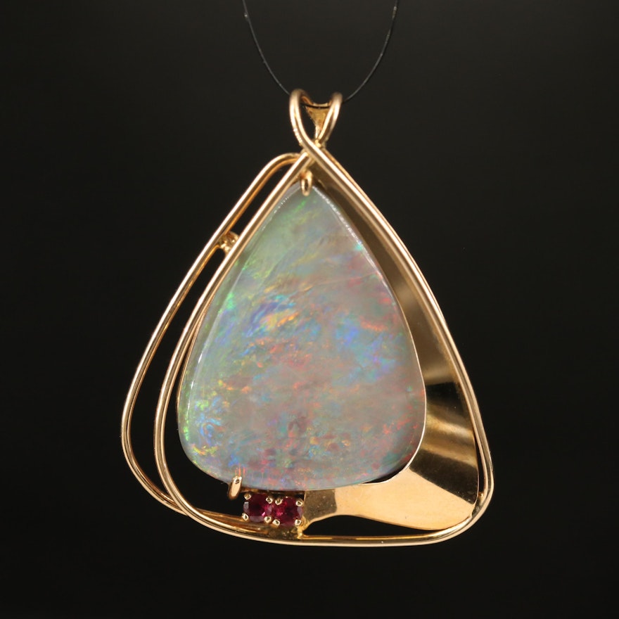 Contemporary 14K Opal and Ruby Triangular Pendant