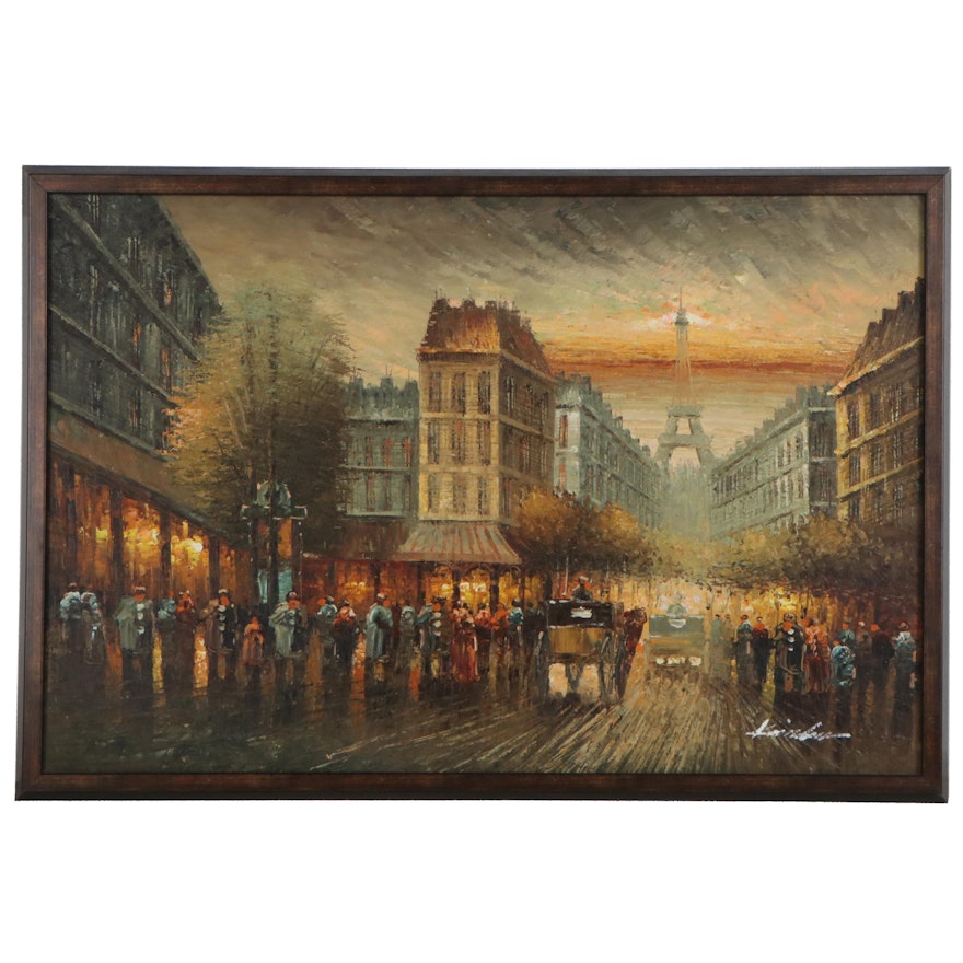 Parisian Street Scene Oil Painting, Late 20th Century