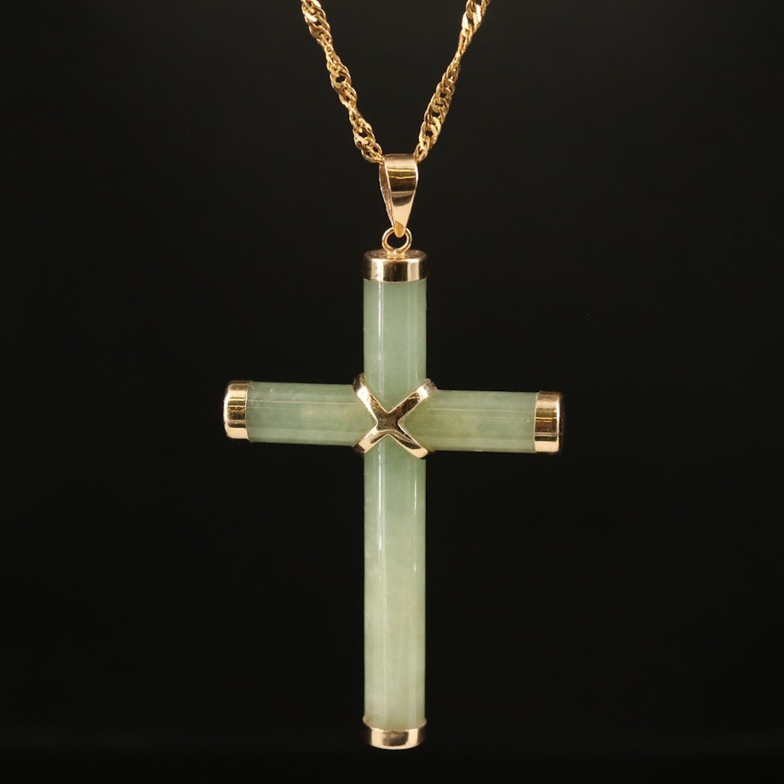 14K Jadeite Cross Pendant on 10K Singapore Chain Necklace